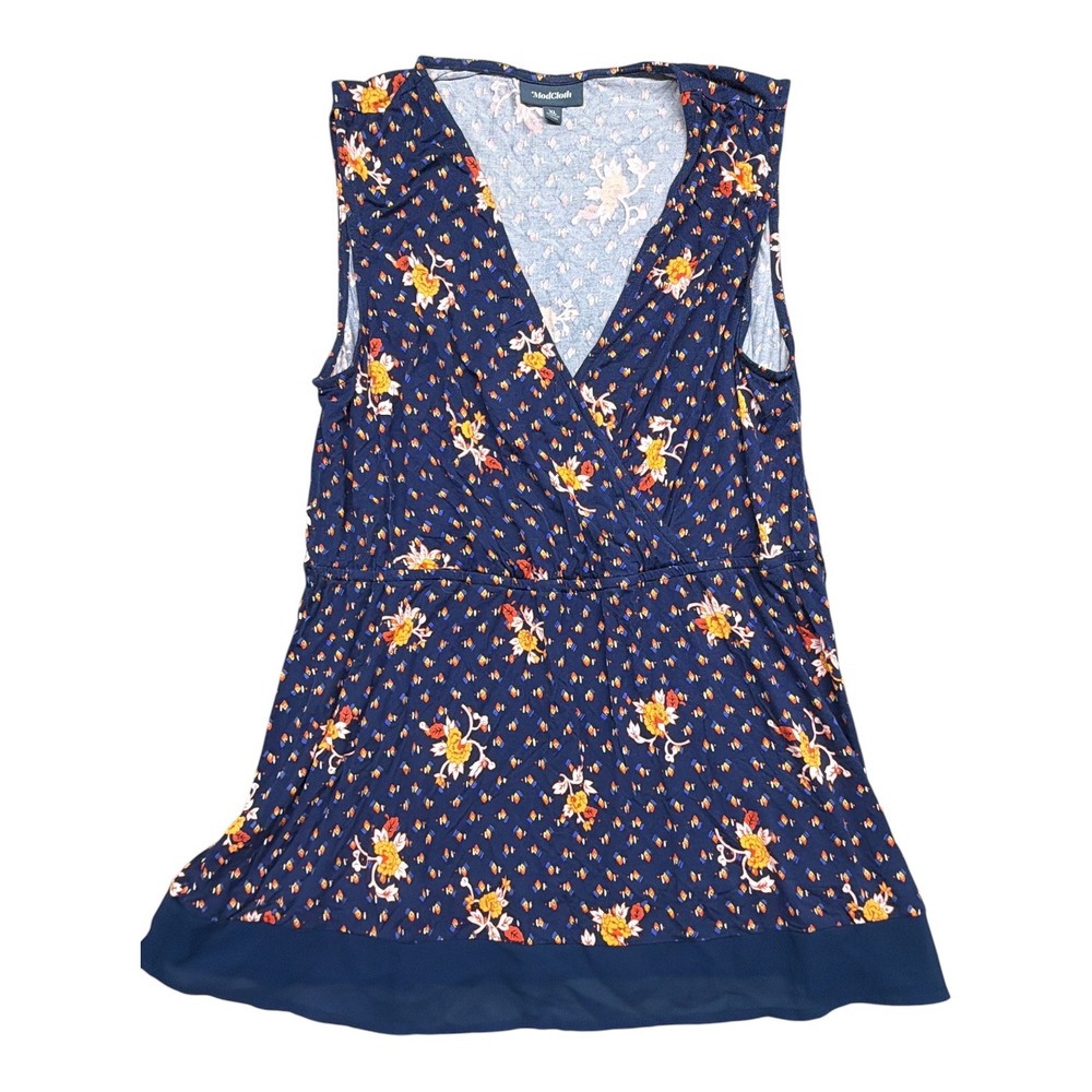 ModCloth Womens XL Navy Blue Floral Surplice Sleeveless Empire Waist Top Chiffon